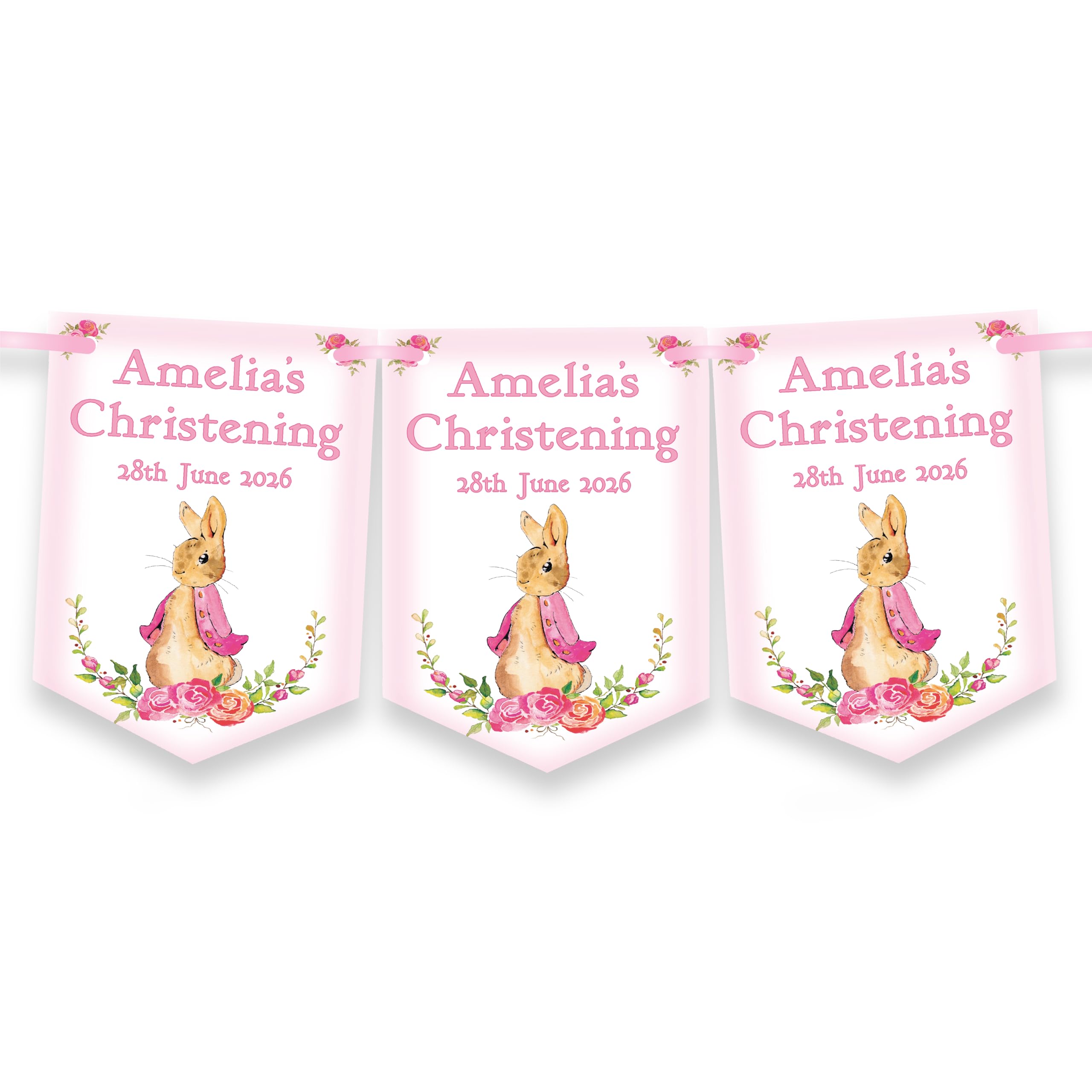 PINK RABBIT, BUNNY, PERSONALISED GIRLS CHRISTENING BUNTING,CHRISTENING BANNER,BAPTISM,3 METRES LONG