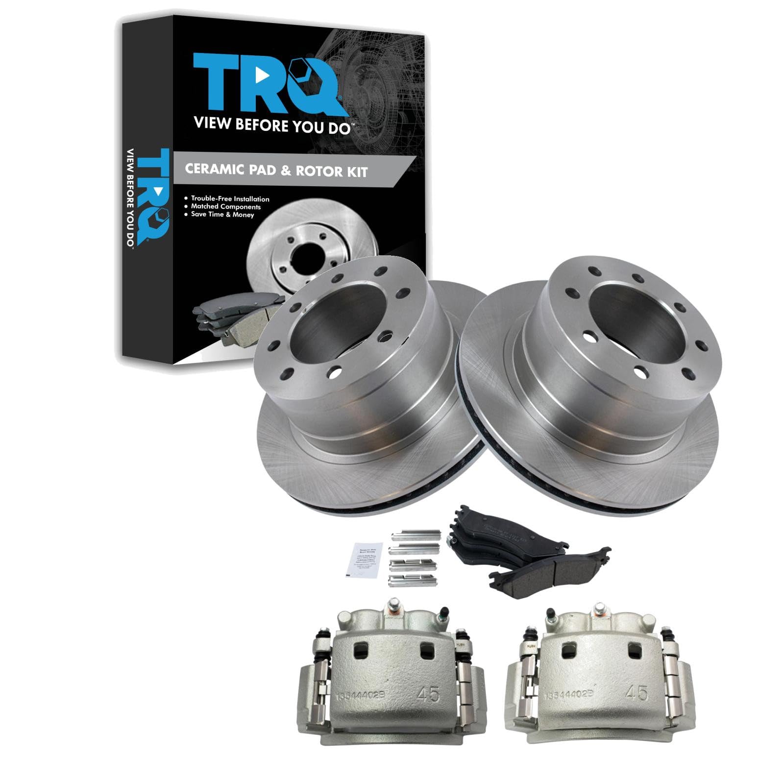TRQ Rear Brake Pad, Caliper, &amp; Rotor Kit Ceramic Vented Compatible with 2006-2008 Dodge Ram 1500 2003-2008 Ram 2500, 3500
