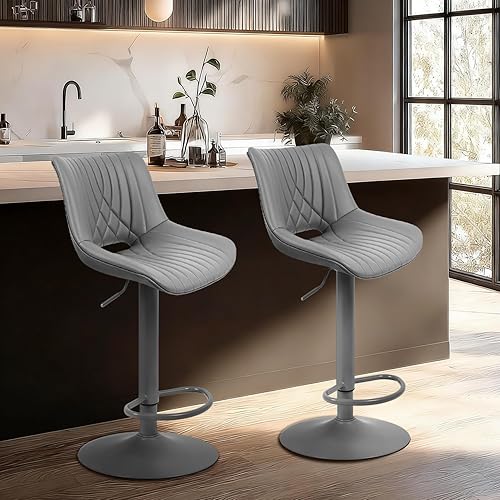 Bar Stools Set of 2, Adjustable Counter Height Bar Stools with Open Back and Footrest, Premium Faux PU Leather, Modern Upholstered Swivel Barstool for Kitchen Island, Bar,or Dining Room, Gray