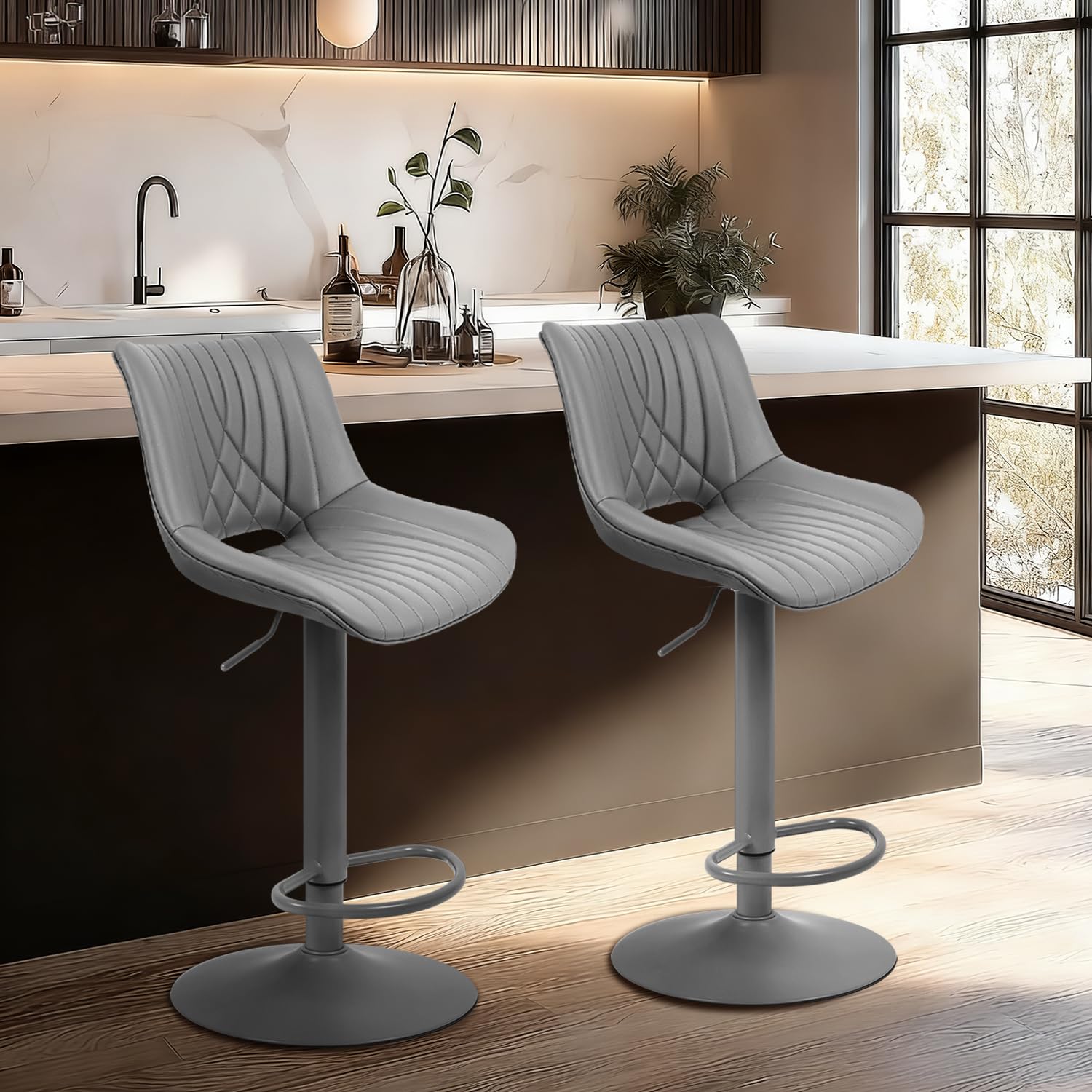 bar stools set of 2, adjustable counter height bar stools with open back and footrest, premium faux pu leather, modern upholstered swivel barstool for kitchen island, bar,or dining room, gray