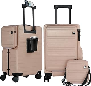Front Opening Carry on Luggage 22x14x9 Airline Approved, 20 Inch Aluminum Frame Suitcase with Dual TSA Locks & Cup Holder, PC Hardshell with Detachable Bag, Blush Rose