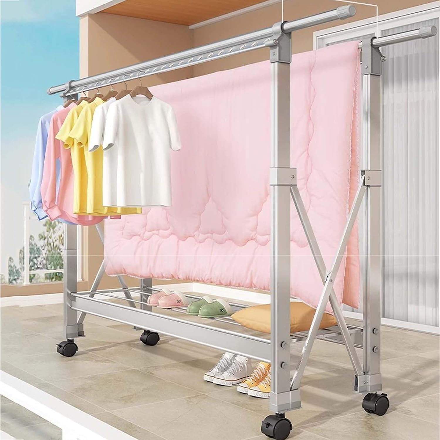 This Collapsible Laundry Outdoor Foldable Heavy Duty Stainless Steel Laundry Drying Rack Length Adjustable Saves Space Garment Portable Drying Rack,Rose Gold,250cm