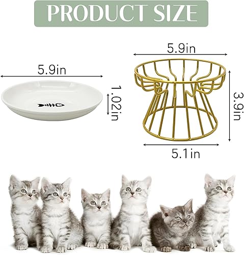 Vista 13 de BNOSDM 2 cuencos elevados de comida para gatos, platos de cerámica poco profundos para gatos con soportes de metal, comedero elevado para mascotas