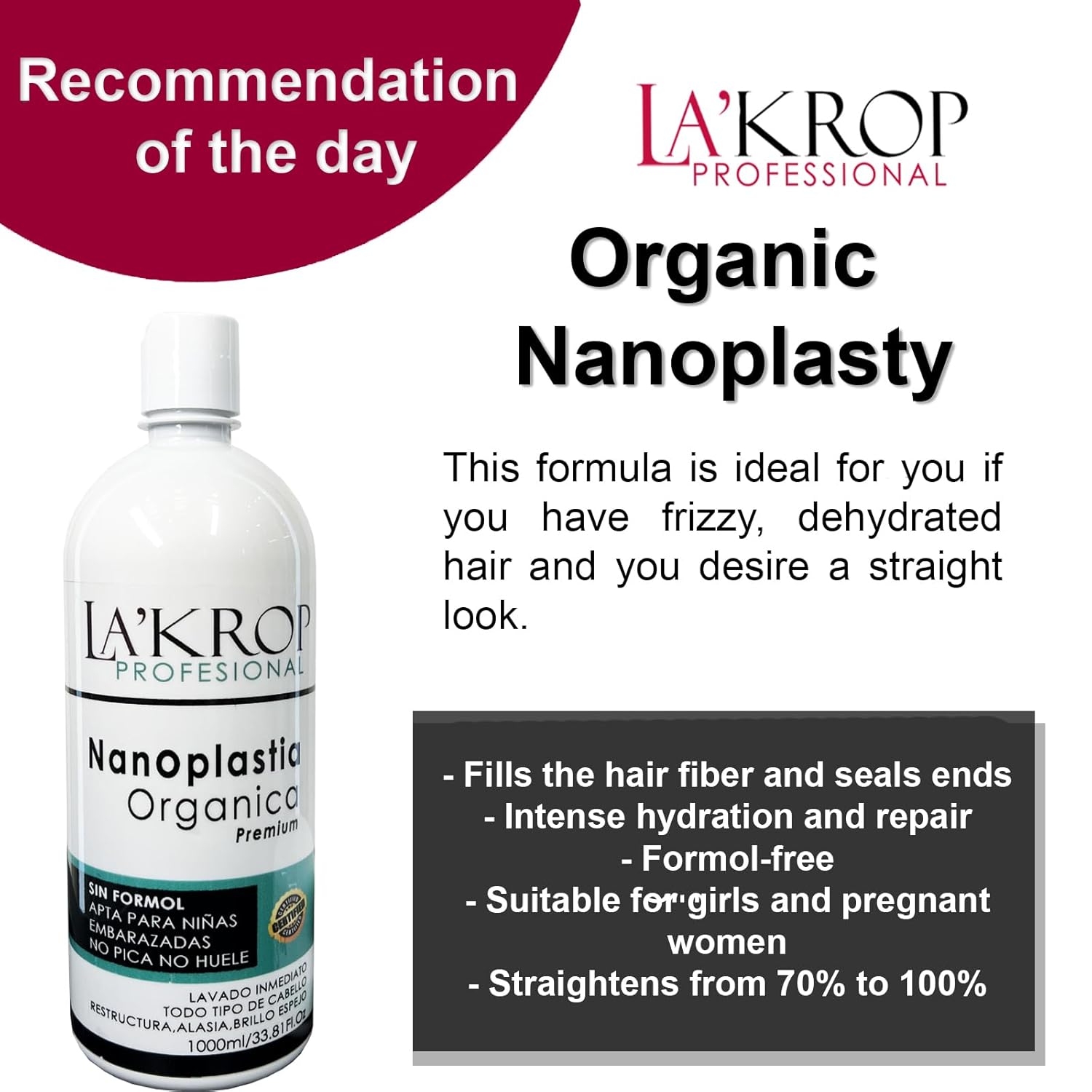 LAKROP NANOPLASTIA ORGANICA 1000ML - KERATIN HAIR TREATMENT - KERATINA PARA ALISAR EL PELO - PARA CABELLO SECO Y MALTRATADO - KERATINA ORGANICA SIN FORMOL - STRAIGHTENER - KERATINA PROGRESIVA