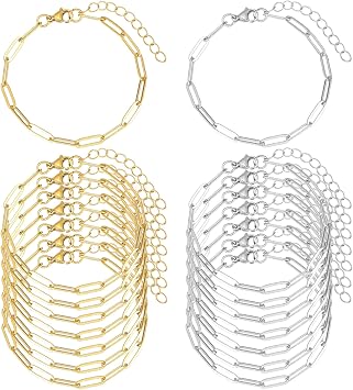 16 Pack Charm Bracelet Chain Bulk Gold Plated Stainless Steel Paperclip Chains Bracelets for DIY Jewelry Making