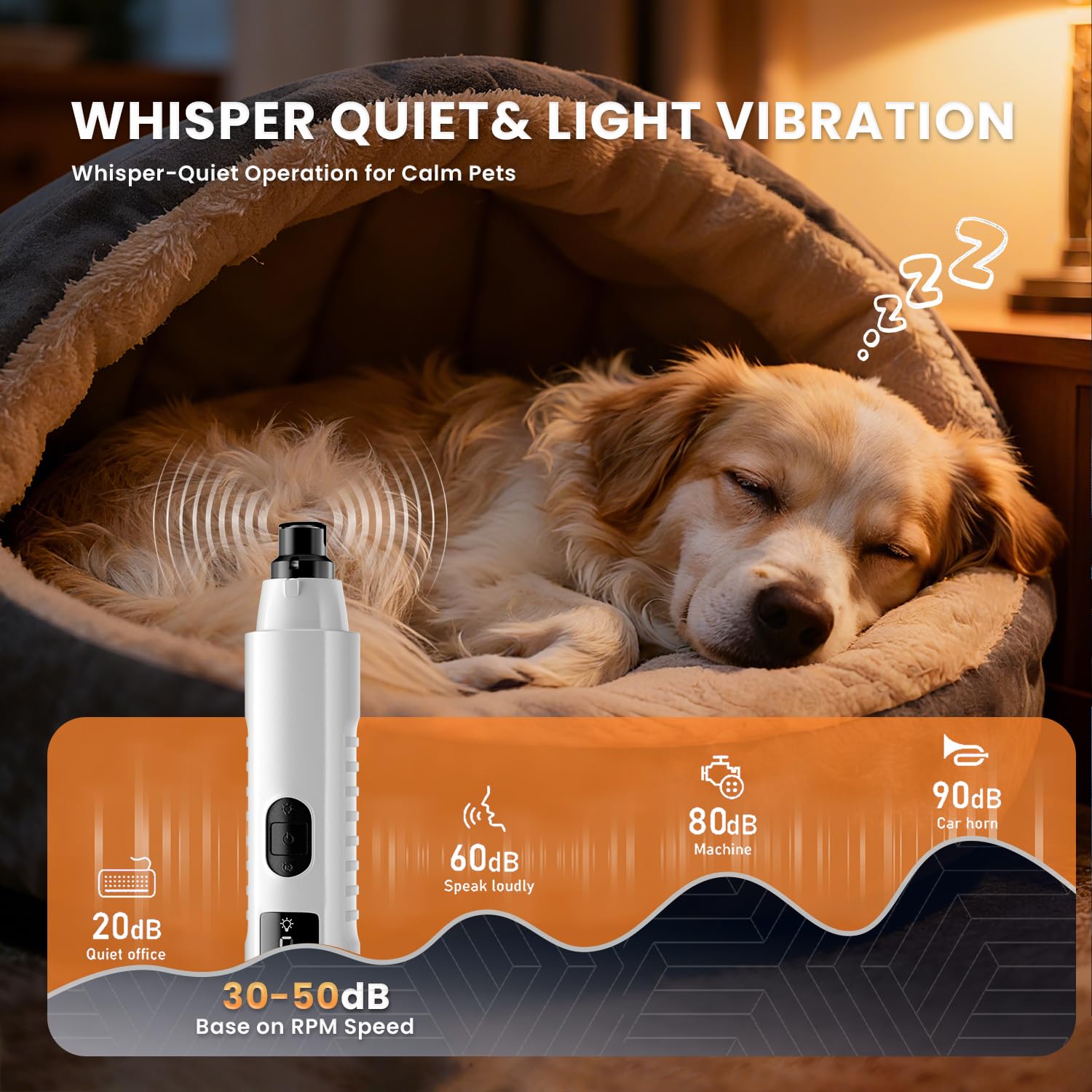 Broyeur à ongles pour chien Silent Groom Pro, broyeur à ongles pour chien à 5 vitesses avec lumière LED, 40 dB, toilettage silencieux et indolore des pattes pour chiens de petite, moyenne et