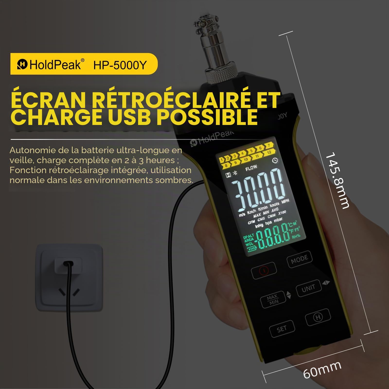 Anémomètre professionnel à fil chaud – Appareil de mesure numérique précis de la vitesse du vent pour CFM/CMM, avec mesure de la température, sonde télescopique, écran lumineux et export de