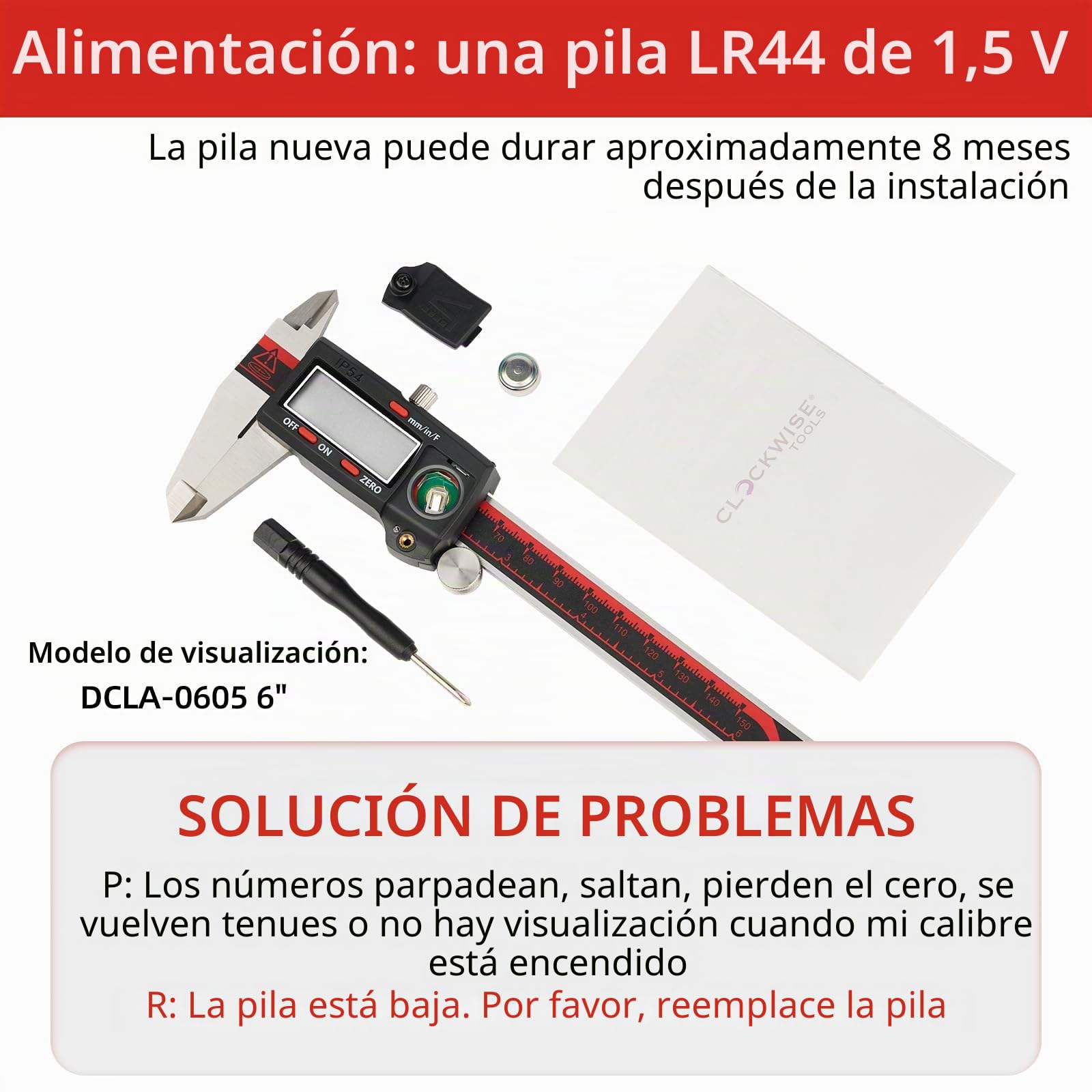 VINCA DCLA-0605 Caliper digital electrónico en Pulgadas/métrica/Fracciones 0-6 pulgadas/150 mm Caja de Acero Inoxidable Rojo/Negro Extra Grande LCD Auto Off Herramienta de Medición VINCA