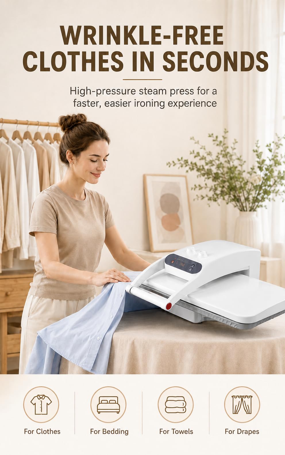 Dampfbügelpresse Mit LED-Display | 1800 W, 150 G/Min Dampf, 50 Kg Druck, 300-Ml-Tank Und 5 Programmen Für Hemden Und Gardinen