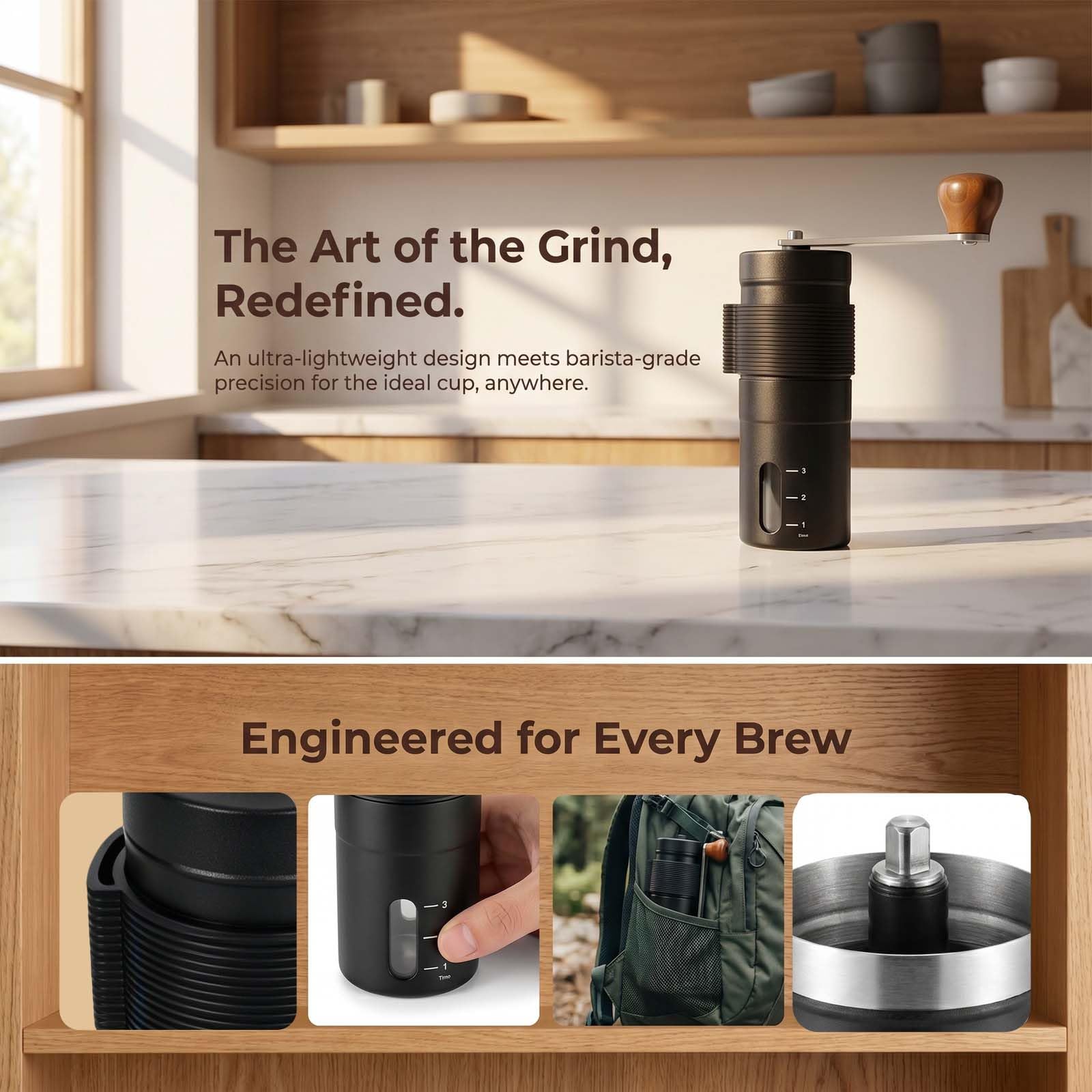 Macinacaffè Manuale Professionale in Acciaio Inox - Macina Caffè Portatile con Macinatura Regolabile per Moka, Espresso e Caffè Filtro, Design Sottile e Leggero per Casa e Viaggio