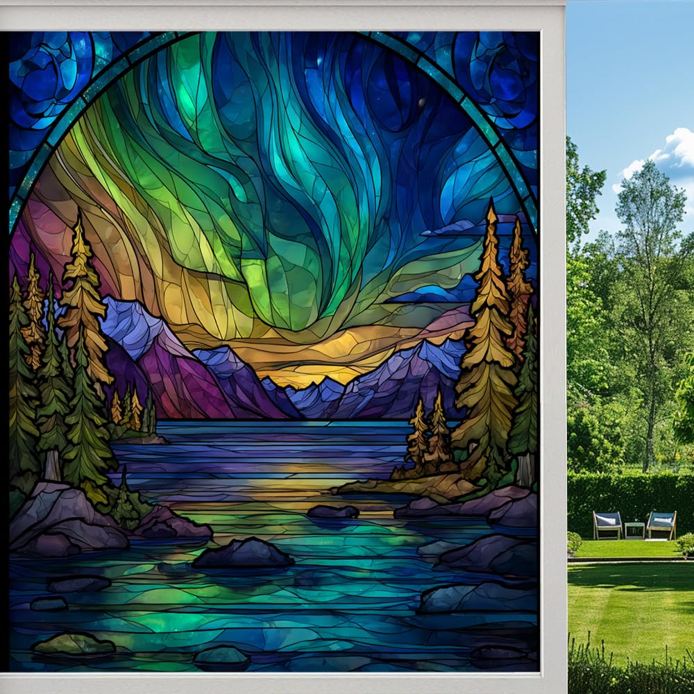 Colorful Aurora Borealis Privacy Window Film, Mountain Lake Natural Landscape Frosted Self-Adhesive Vinyl Cling for Glass Doors Bathroom Windows Sun Blocking Heat Control,（70x120cm）