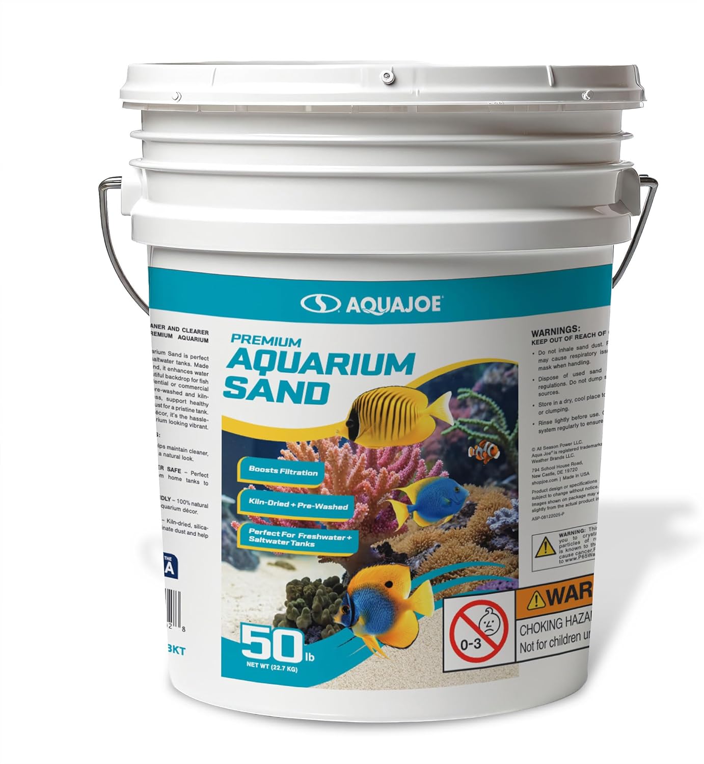 Aqua Joe AQASND50-BKT Premium Aquarium Sand for Freshwater and Saltwater Tanks, 50 lb. Bucket, Boosts Filter Life and Filtration Process, Kiln-Dried + Pre-Washed Fine Sand