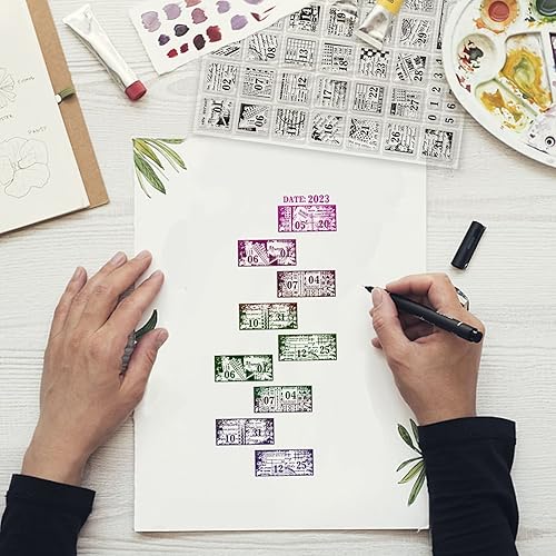 Miniatura 34 de GLOBLELAND Sellos transparentes de fondo de números vintage, sellos transparentes con estampado de palabras de flores, sellos transparentes