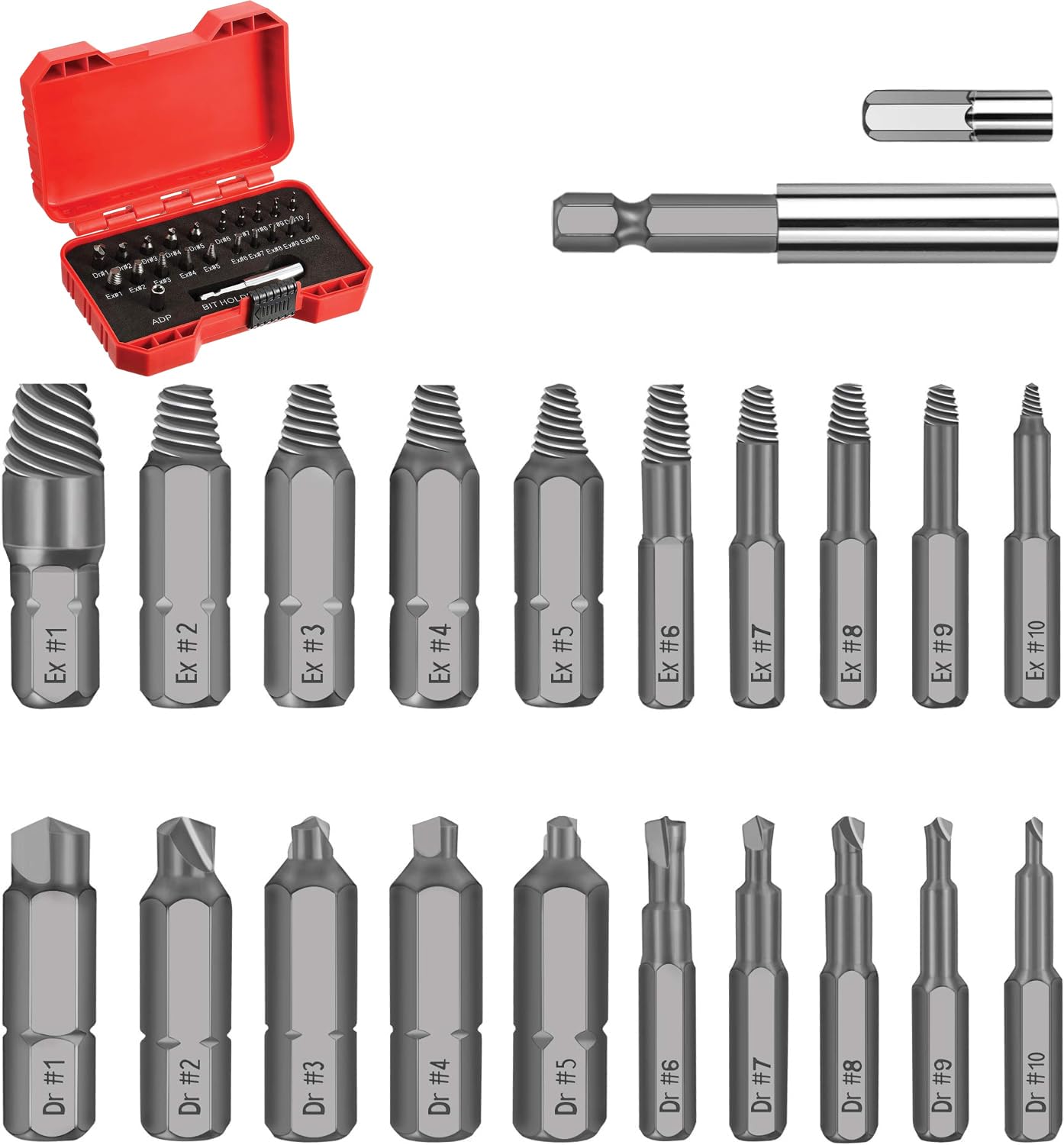 Rubik22-Piece Damaged Screw Extractor & Drill Bits Set, All-Purpose HSS Broken Bolt Remover Stripped Kit with Magnetic Extension Bit Holder & Socket Adapter