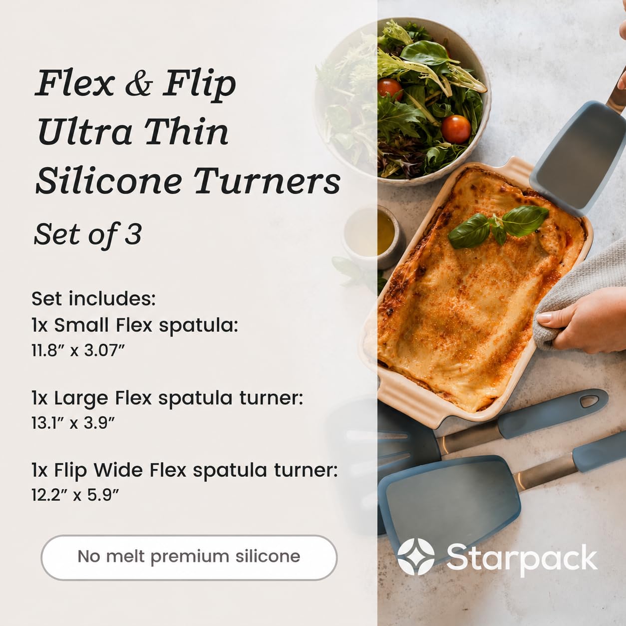 StarPack Premium Flexible Silikon Pfannenwender Set mit 3 Stück – hohe Hitzebeständigkeit bis 315 °C, hygienisches einteiliges Design, Eier, Pfannkuchen und Kekse (Blau)