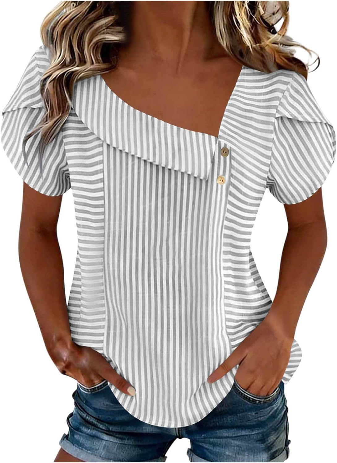 Women's Asymmetrical Neck Striped Blouse Puff Short Sleeve Business Casual Summer Tops Loose Vacation Dressy Shirts