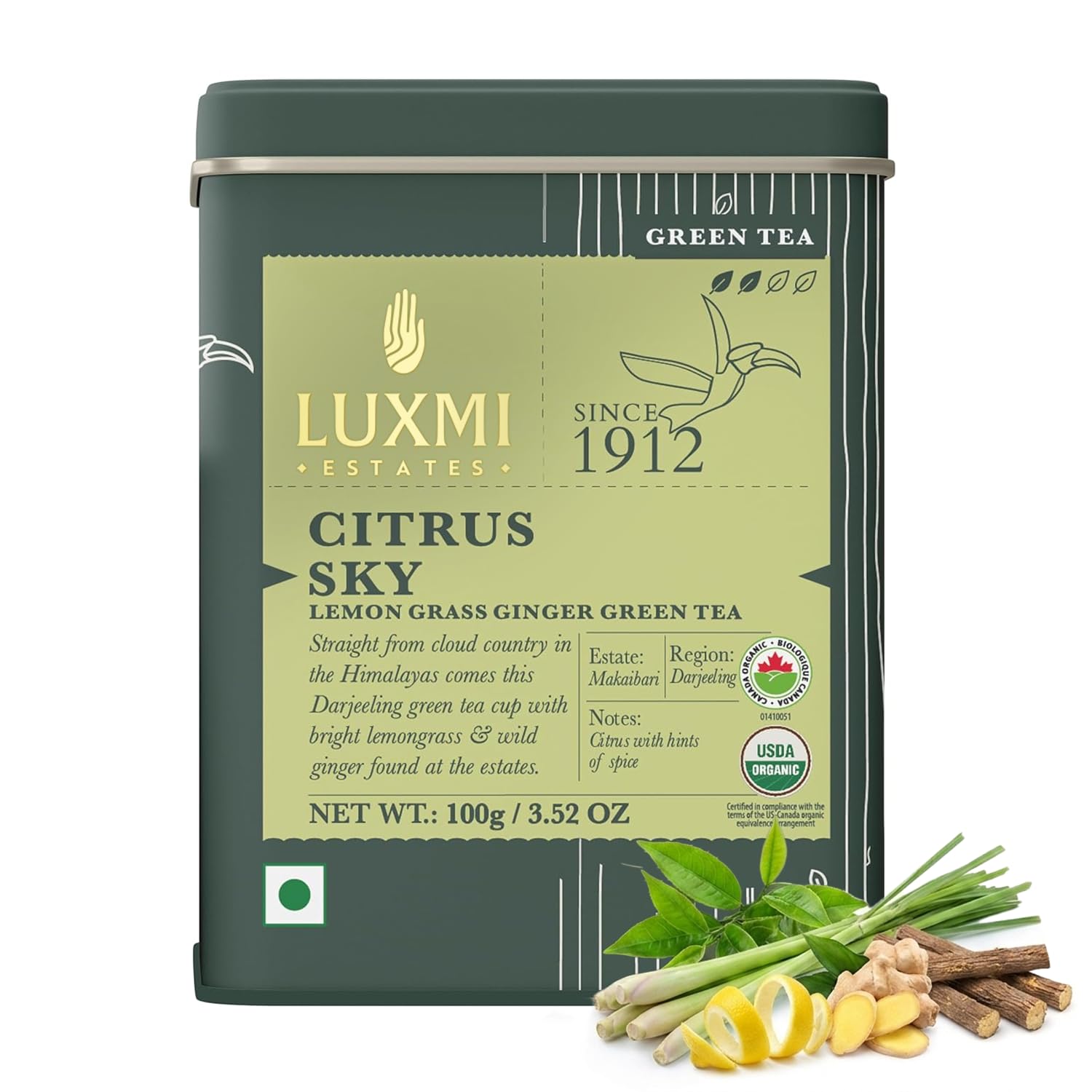 Luxmi Estates Citrus Sky Green Tea 100gm Tin | Certified Organic Darjeeling Green Tea Lemongrass Ginger Green Tea 100 g (50 cups)