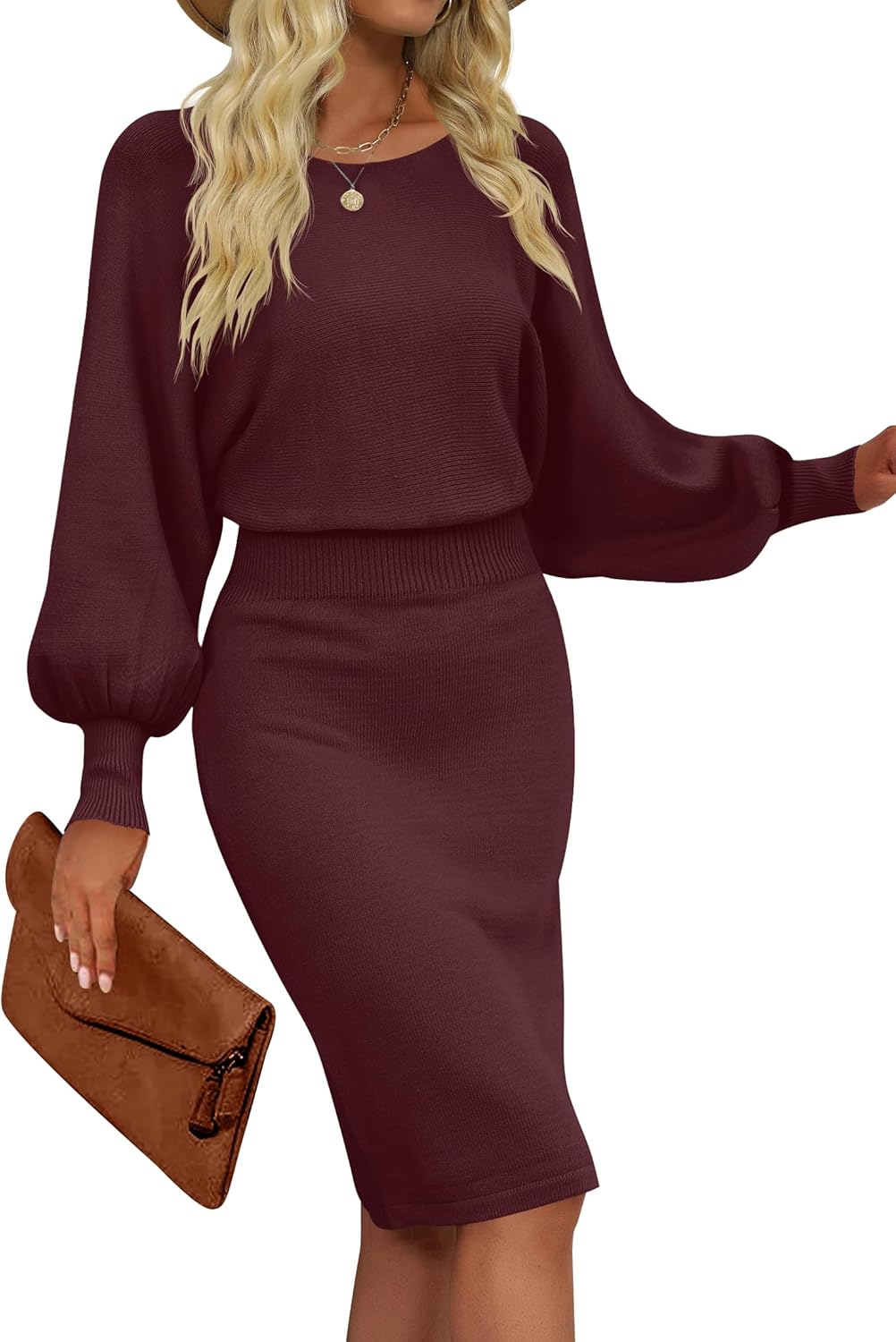 MIROL Women's Casual 2026 Long Puff Sleeve Solid Bodycon Midi Dress Ribbed Knit Oversized Pullover Sweater Dress