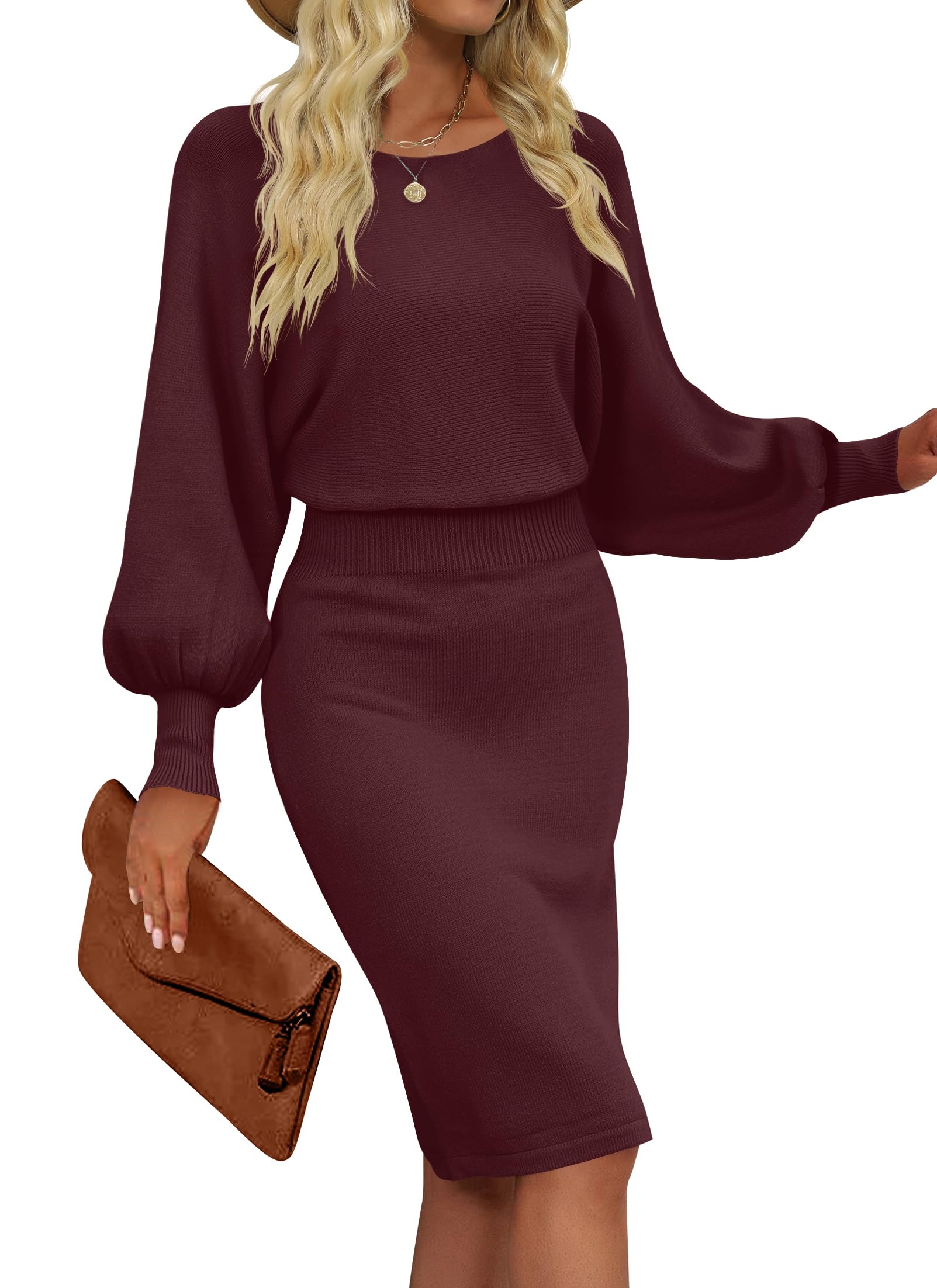 MIROL Womens Casual 2025 Long Puff Sleeve Solid Bodycon Midi Dress Ribbed Knit Oversized Pullover Sweater Dress