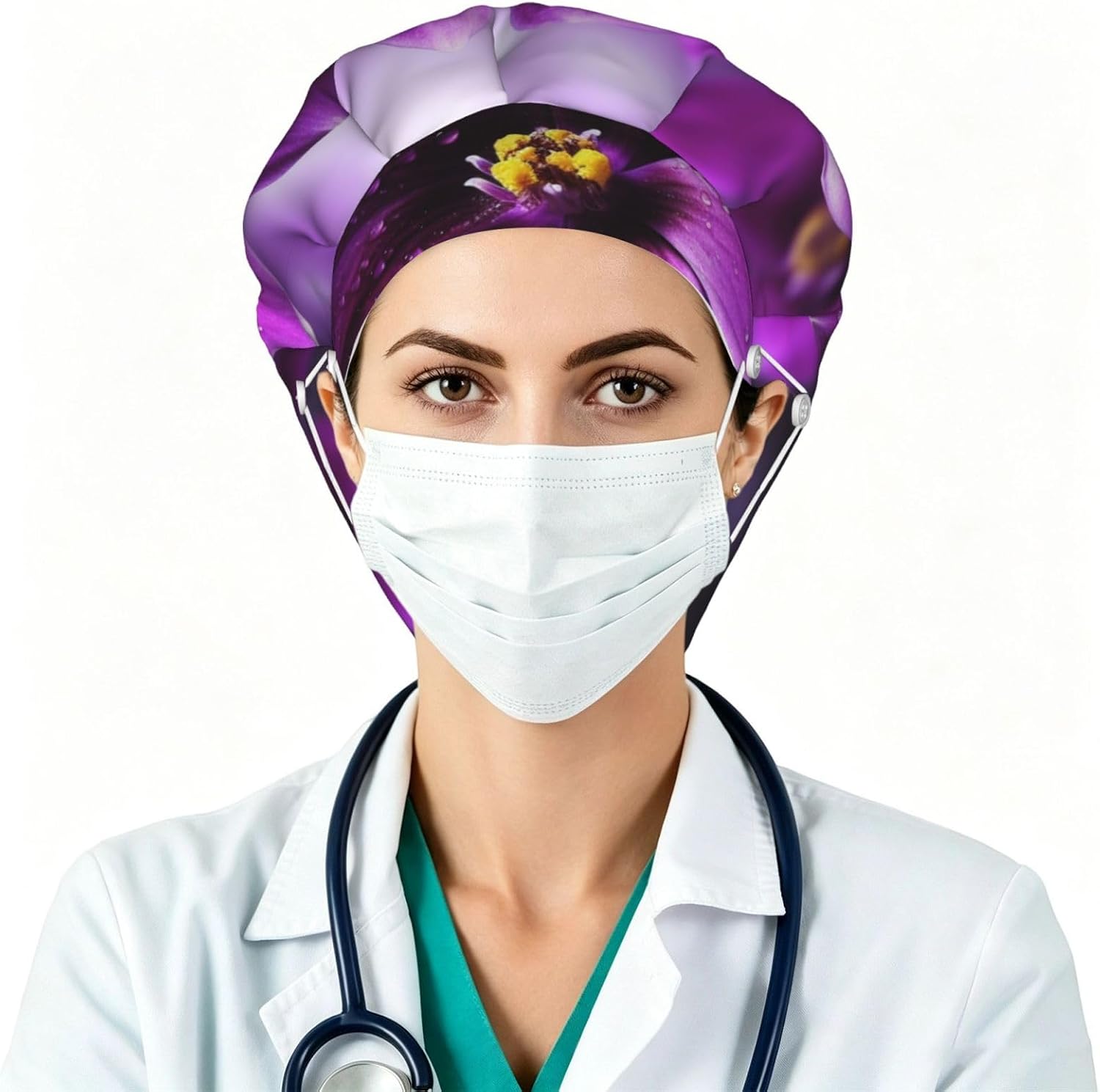 Purple Flower Bouffant Cap with Buttons, Sweatband Cap
