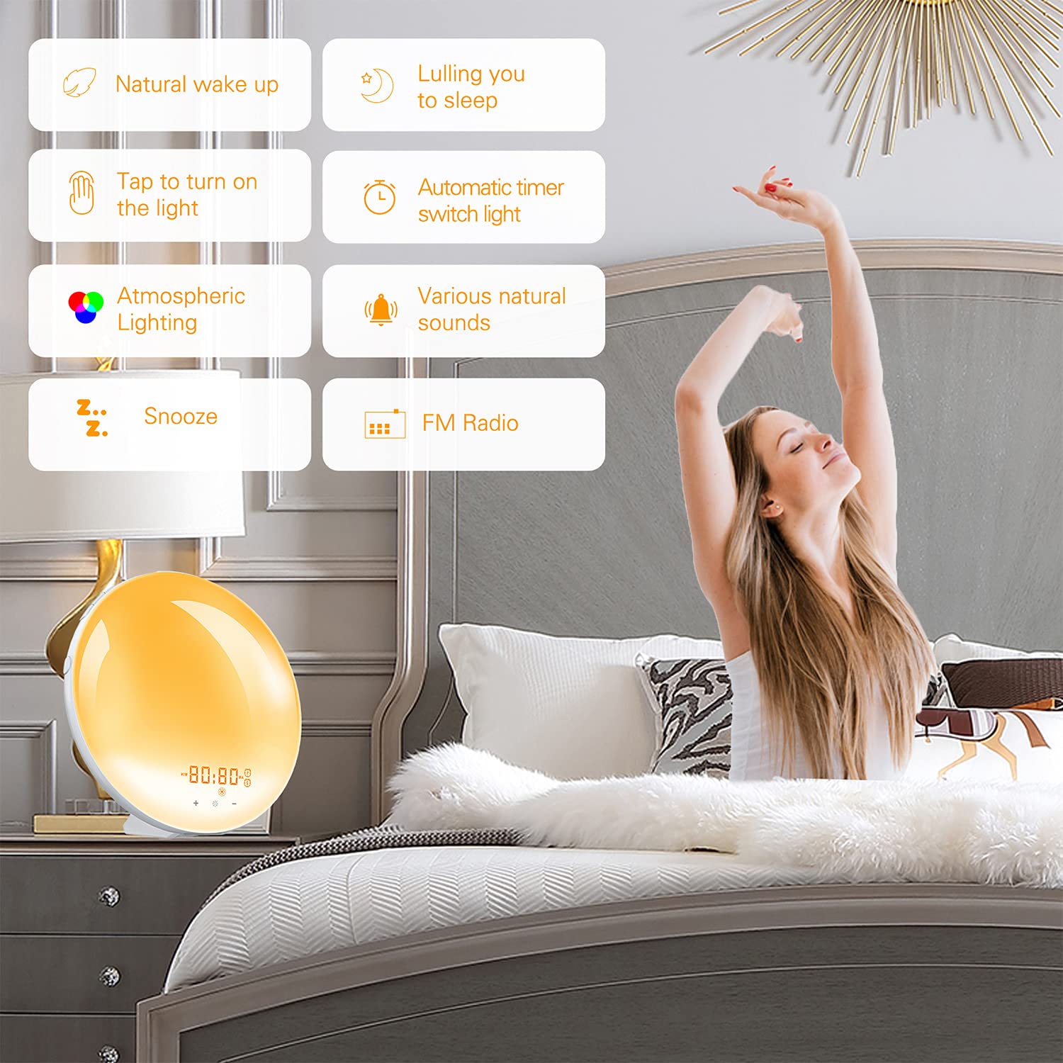 Multifunktionales Licht Smart Clock Tischlampe mit UKW-wecker Schlummerfunktion Nachttischlampe Digitaler Wecker mit Sonnenlichtsimulation