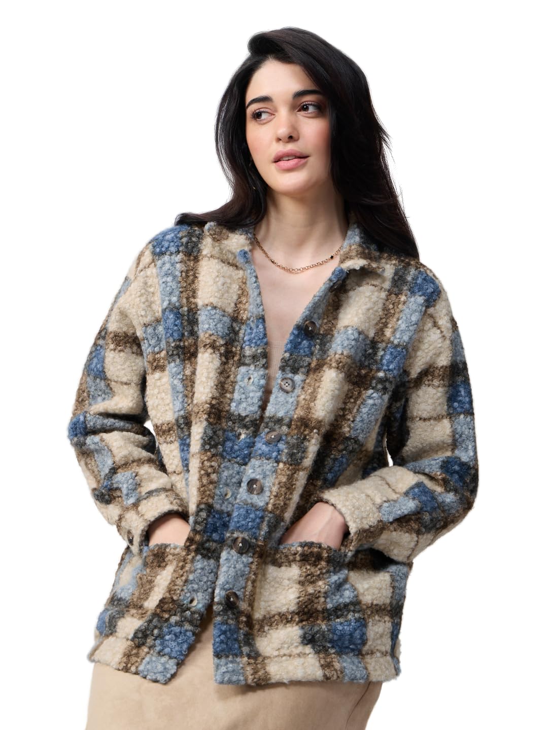 the souled store Plaid Teddy Shacket: Brown Women and Girls Full Sleeves Spread Collar Brown Textured Plaid Polyester Regular Fit Warm Everyday Winter Jacket-picture-46