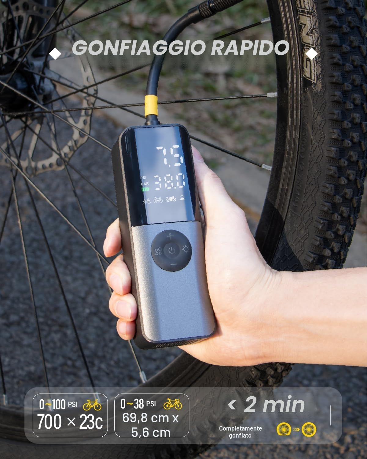 GPUTEK Pompa elettrica per bicicletta, mini pompa ad aria per bicicletta, 150 PSI, con misuratore di pressione digitale, ricaricabile, con accessori per valvole per bici da corsa, mountain bike
