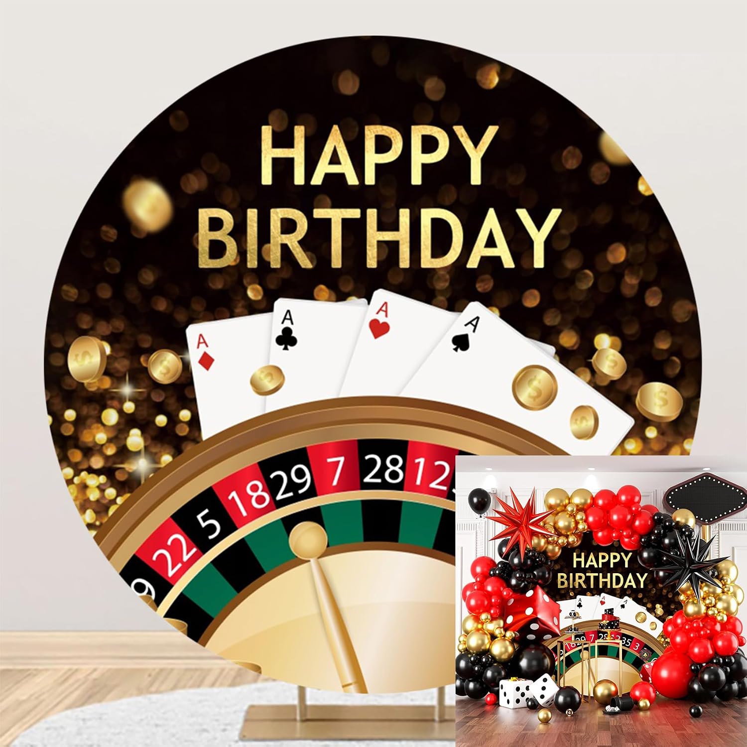 Polyester Diameter 7ft Happy Birthday Round Backdrop Las Vegas Casino Night Themed Dice Poker Chips Gold Coins Photography Background Men Boys Birthday Party Theme Party Decoration Supplies