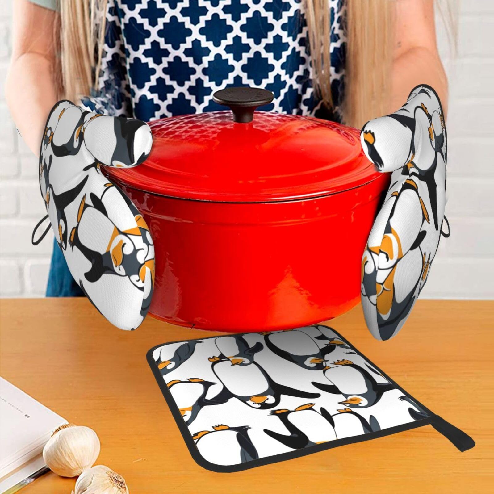 Ensemble de gants de cuisine et maniques Pingouin - Isolation épaisse et anti-brûlure - 2 gants isolants et un tapis de couvercle