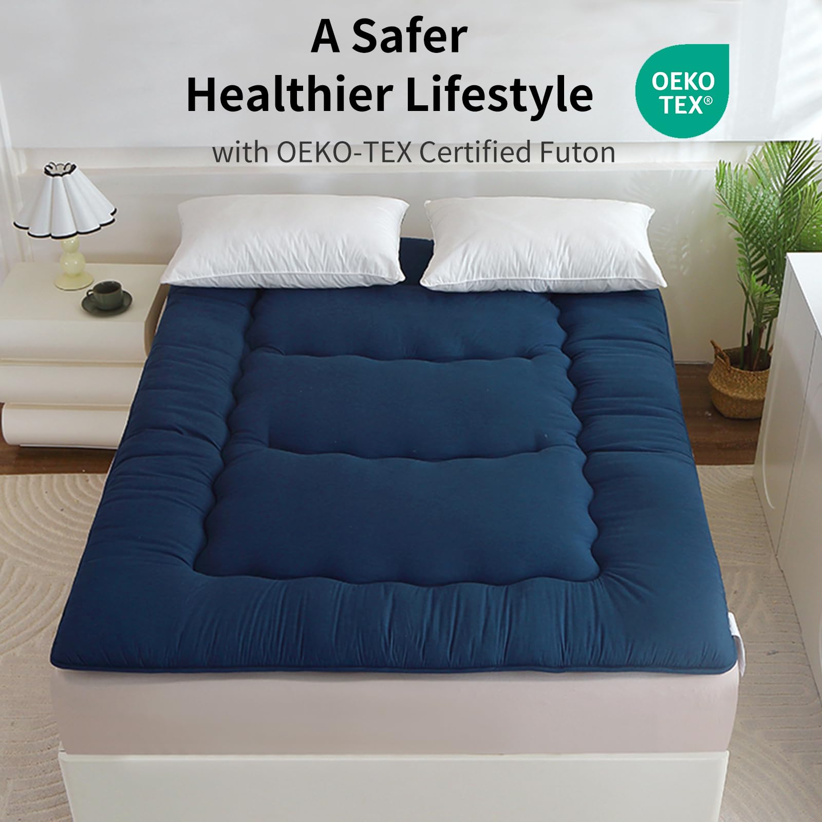 Futon-Matratze, japanische Bodenmatratze, Japanisches Bodenbett, faltbares Tatami-Bett, aufrollbare Schlafunterlage für Gästeraum, Schlafzimmer (Marineblau, Full-Matratze(137 * 203CM))