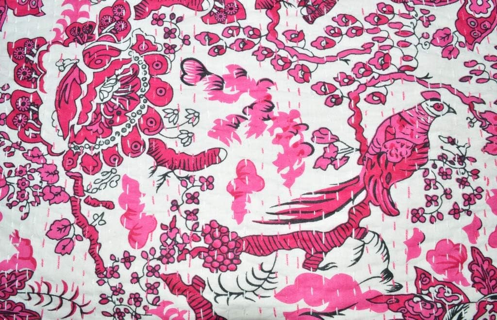 YUVANCRAFTS Kantha Bird Screen Print Cotton Quilt Indian Bedspreads (Pink)