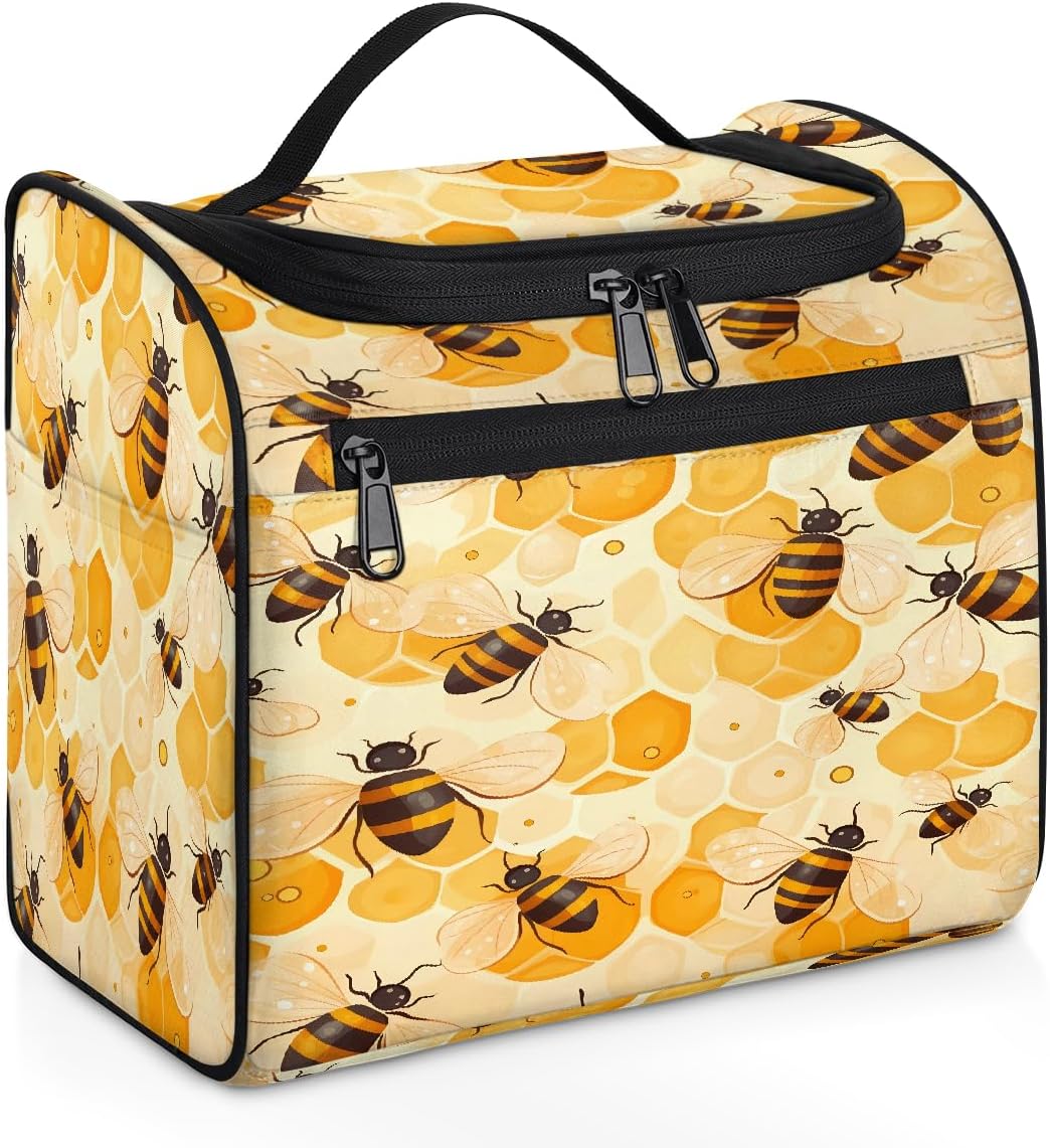 Makeup Organizer Bag Beehive Animal Bee Honeycomb Large Cosmetic Bag for Women Men Hanging Makeup Case with Handle, Double Zipper Cosmetic Case for Travel Vacations Gift