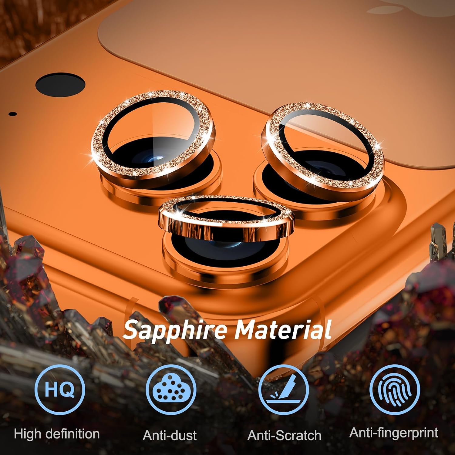 Jeluse iPhone 17/16/15/14 Pro Max/Pro 9H Tempered Glass & Metal Ring Camera Lens Protector, 3-Pack with Alignment Kit and Demolition Stick, Orange Glitter 3 Lens image 5