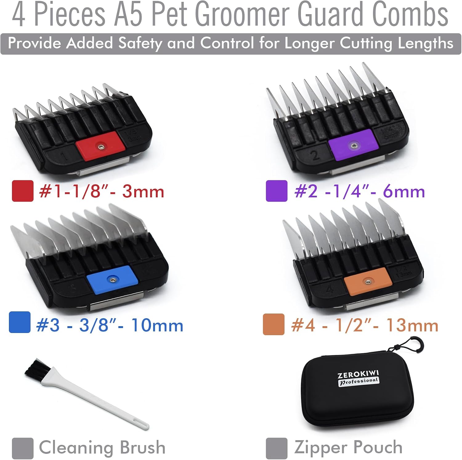 4 Pieces Professional A5 Style Animal Clipper Stainless Steel Color-Coded Attachment Guard Guide Combs Set, 1/8", 1/4", 3/8", 1/2" Compatible with Wahl KM Series Oster A5 Andis AG BG Pet Groomers
