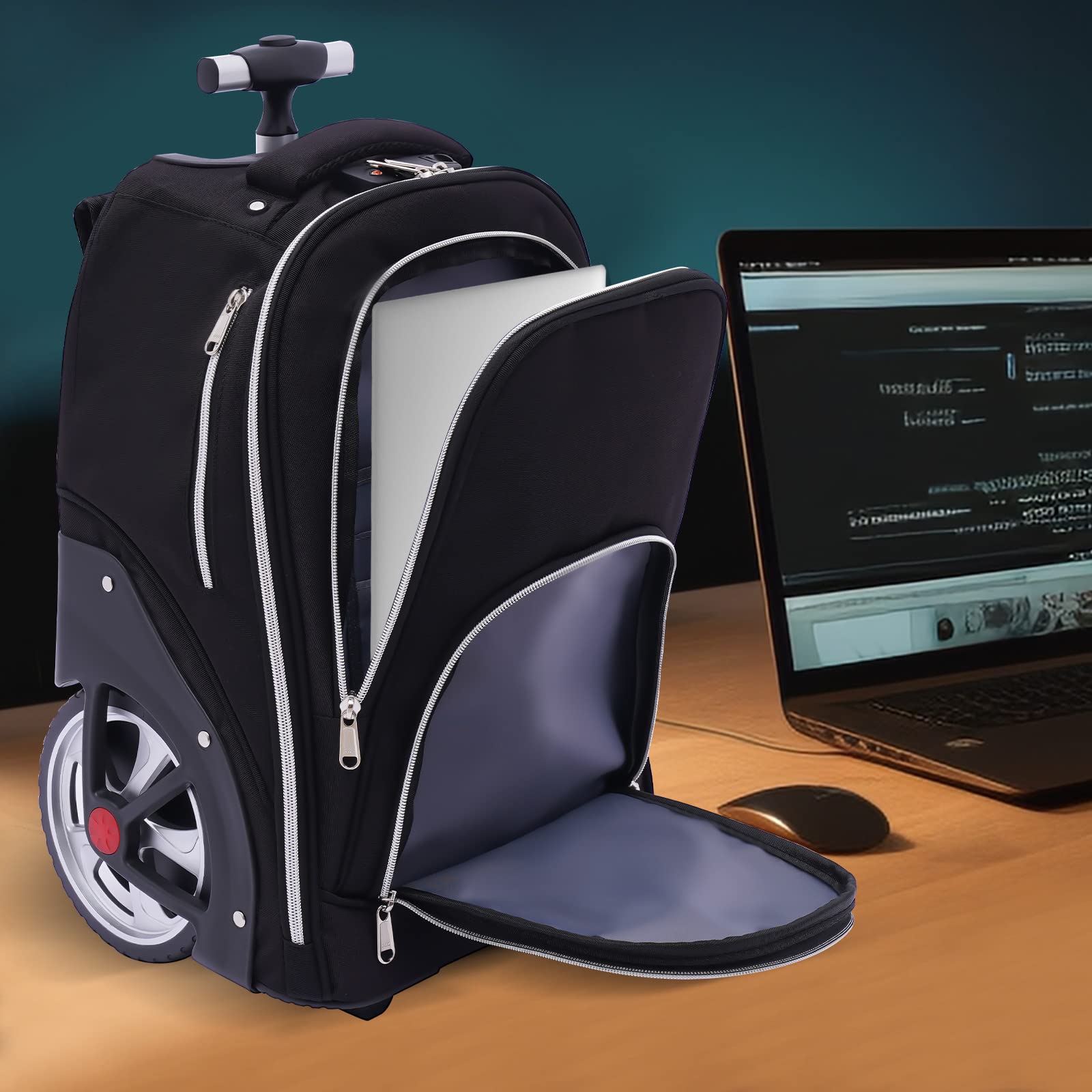 Trolley Mochila, Mochila de Viaje con Ruedas 45L Maleta Mochila Mochila Escolar Equipaje de Mano Bolsa para Laptop Maletín, para Viajes Cortos, Viajes de Negocios, Escuela, etc, 33 * 25