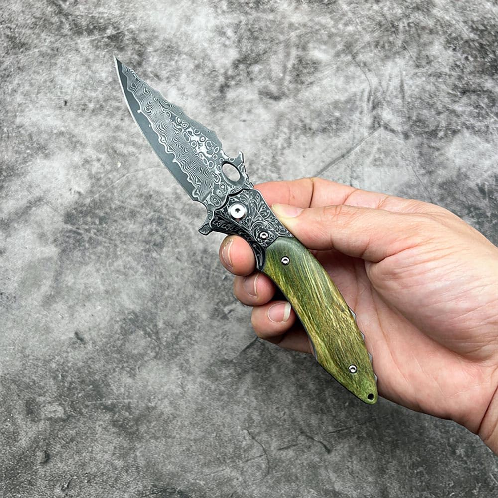 Taschenmesser scharfes Damast klappmesser klein 7.5cm VG10 damaskus stahl, Holzgriff Grün Stabilisiertes Holz Faltbar Edc tanto messer flipper Damaszener geschmiedet ‌einhandmesser, Premium Eleganz