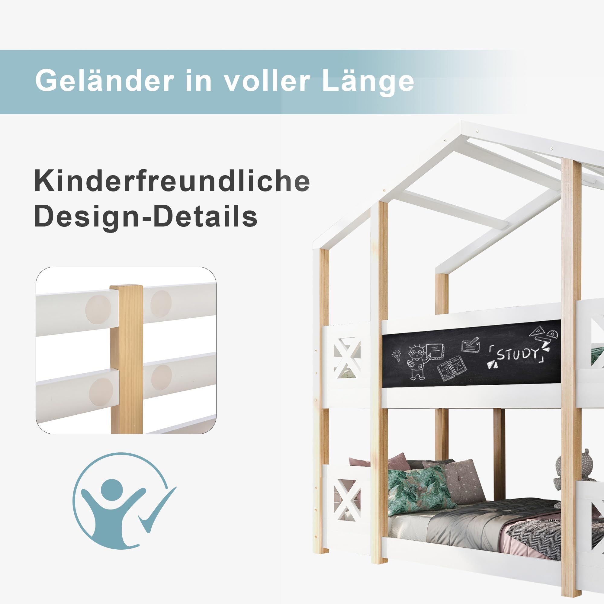 Lit superposé pour Enfants 90 x 200 avec échelle, Lit Cabane Enfant avec Tableau, Lit Cabane Enfant Arbre avec Rangement et Barrières de Sécurité, Blanc et Naturel
