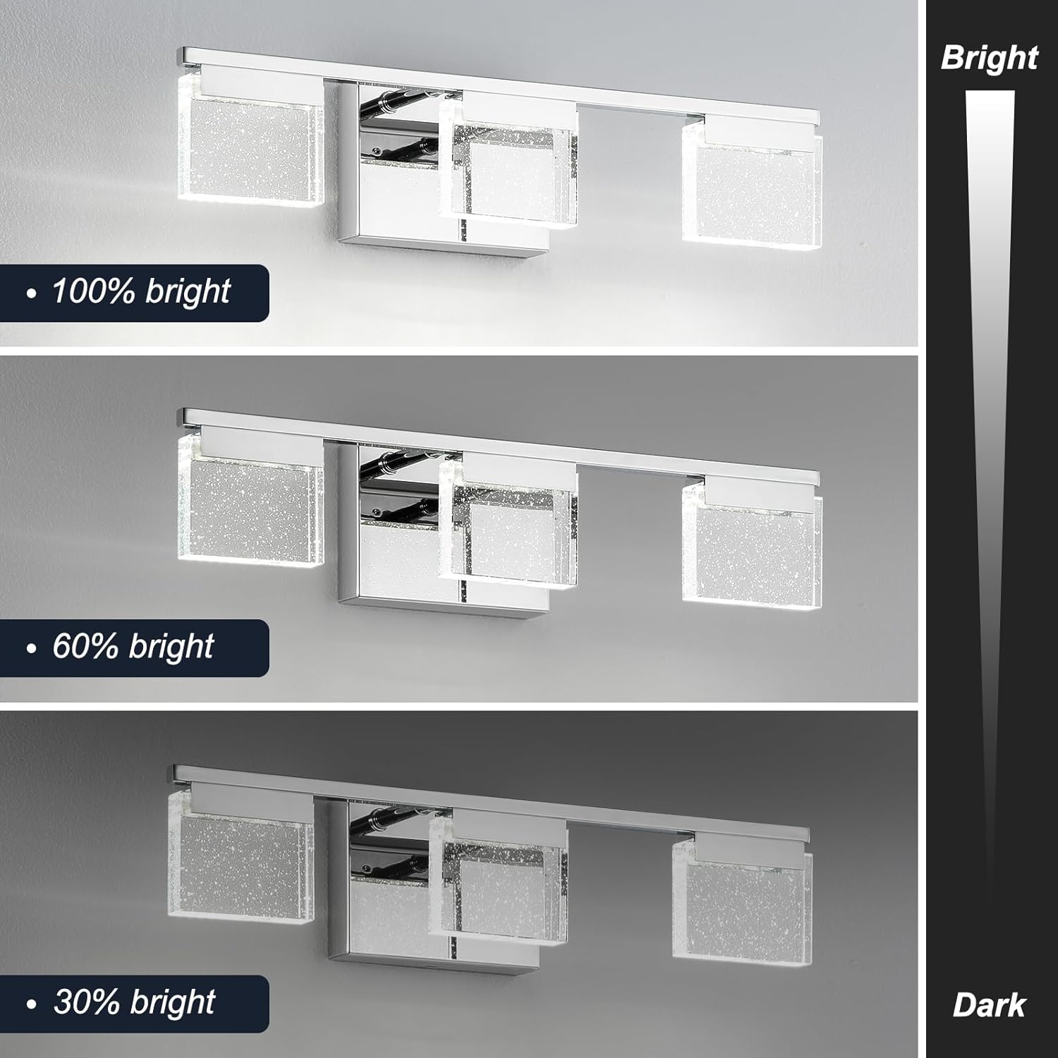 OKELI LED Modern Bathroom Vanity Light Fixtures, 3-Light, 19.1 Inch, 6000K Crystal Bubble Wall Lighting Fixtures Over Mirror, Dimmable Chrome Bathroom Vanity Lights Bar for Bedroom