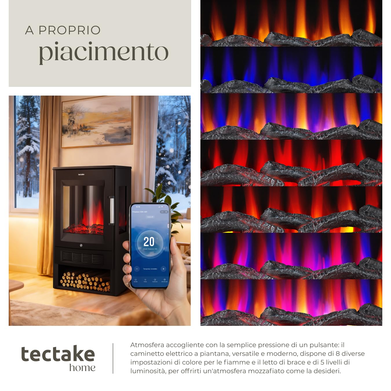 tectake® Caminetto elettrico da terra, 44 x 75 x 36 cm, Camino Elettrico Smart, 2 livelli di calore 900/1800 W, fiamma 3D, 8 colori, 5 livelli luminosità, app Tuya, telecomando, timer, Stufa Elettrica
