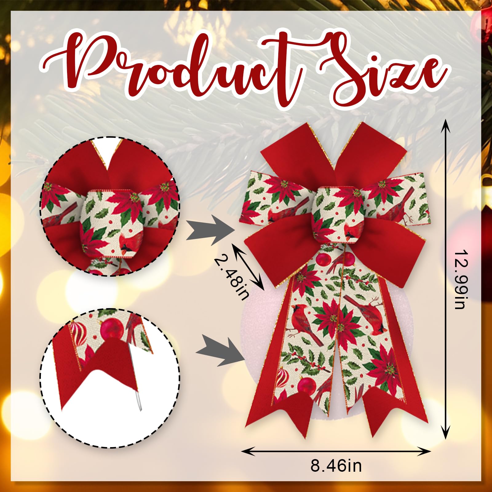 ALIBBON 2 Pcs Merry Christmas Bows for Wreaths, Christmas Wreath Bows, Red Bird Cardinal Bows, Red Flower Poinsettia Red Velvet Bows for Front Door, Christmas Decor, Holiday Bows for Indoor Outdoor