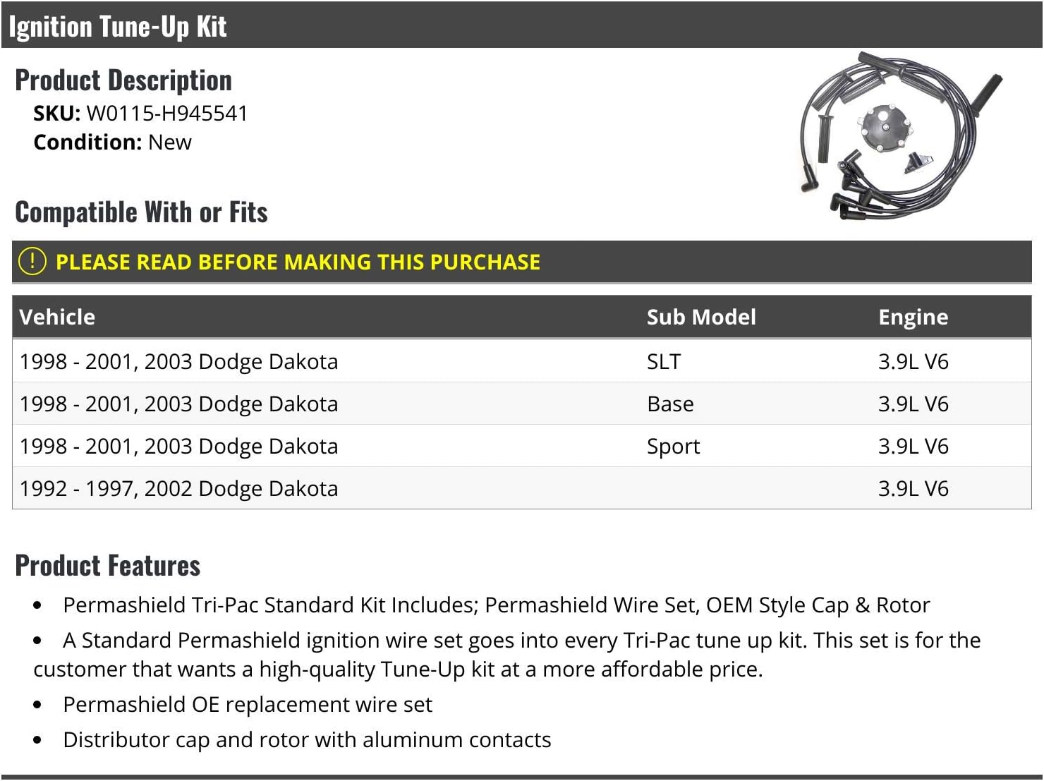 Ignition Tune-Up Kit - Spark Plug Wire Set, Cap and Rotor - Compatible with 1992-2003 Dodge Dakota 3.9L V6