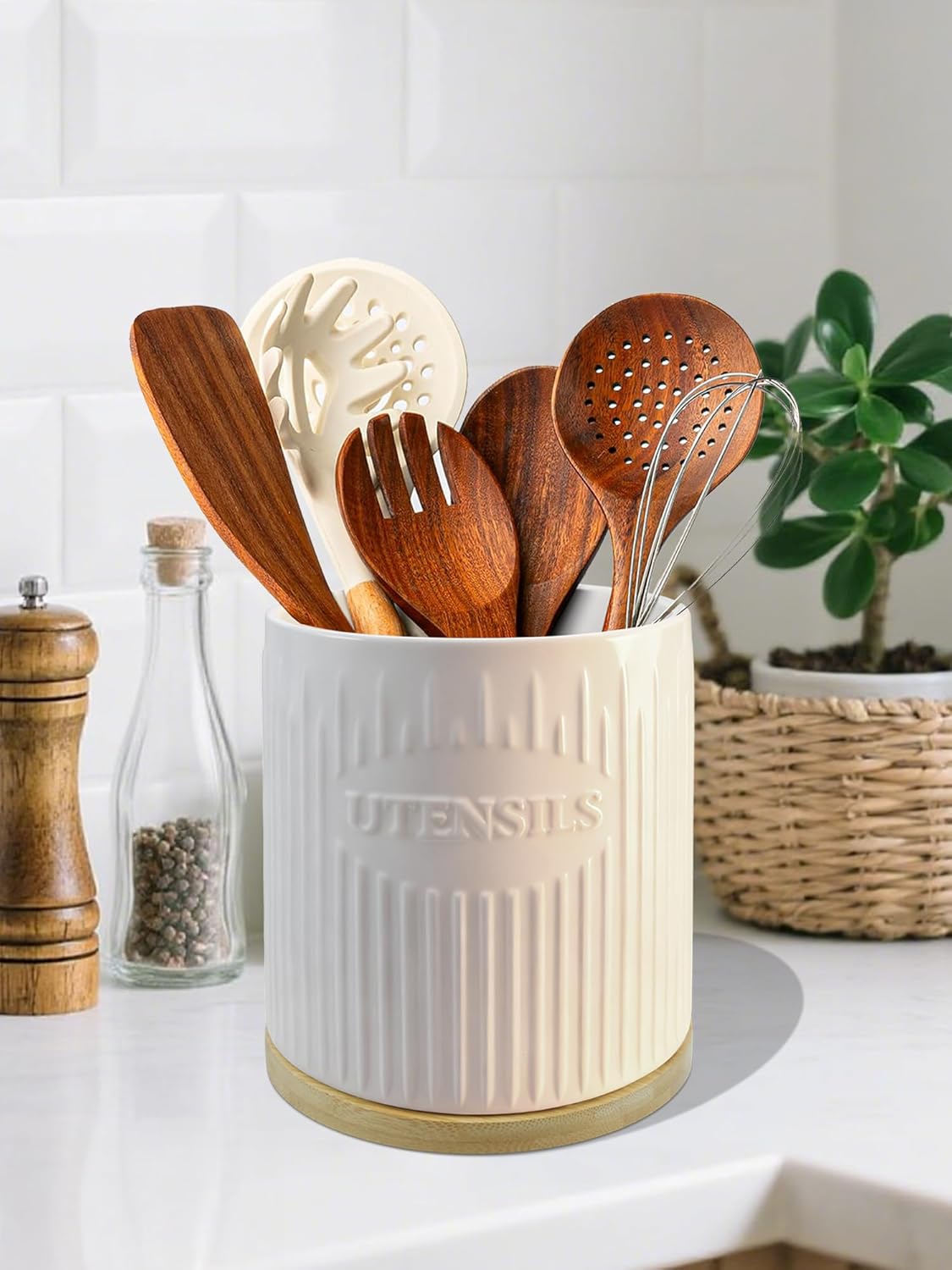 360° Rotating Utensil Holder, 7.6" Large Ceramic Kitchen Utensil Holder for Countertop with Bamboo Base, Stable Utensil Organizer, Farmhouse kitchen Decor, White
