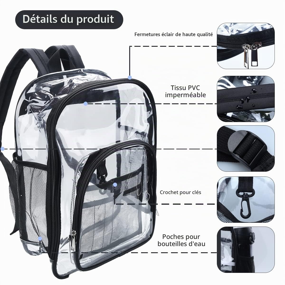 FISHSHOP Sac à Dos Transparent Étanche,Sac à Main Unisexe Sac à Dos D'école Transparent PVC,Pour le Travail, Les Voyages de Sécurité, Les Concerts et Les événements Sportifs