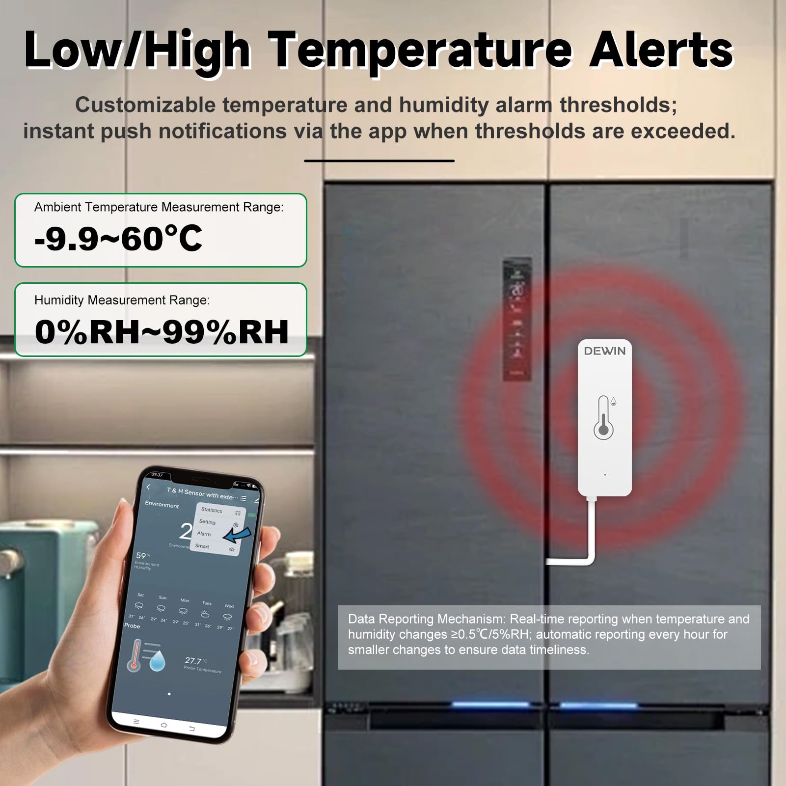 DEWIN WLAN inteligentny termometr i hygrometr, czujnik temperatury i wilgotności T01 z 1m wsparciem sondy inteligentne monitorowanie zdalne APP alarm i rejestrowanie danych
