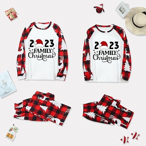 Miniatura 3 de Pijamas de Navidad a juego para la familia, pijamas clásicos de Navidad a cuadros rojos, divertidos pijamas lindos conjuntos de ropa de dormir