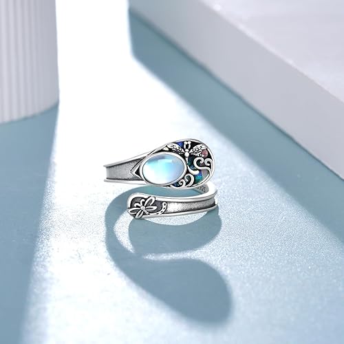 Miniatura 2 de Anillo de cuchara de libélula, piedra lunar, plata de ley 925, anillos de pulgar, libélula de joyería, regalos para mujeres
