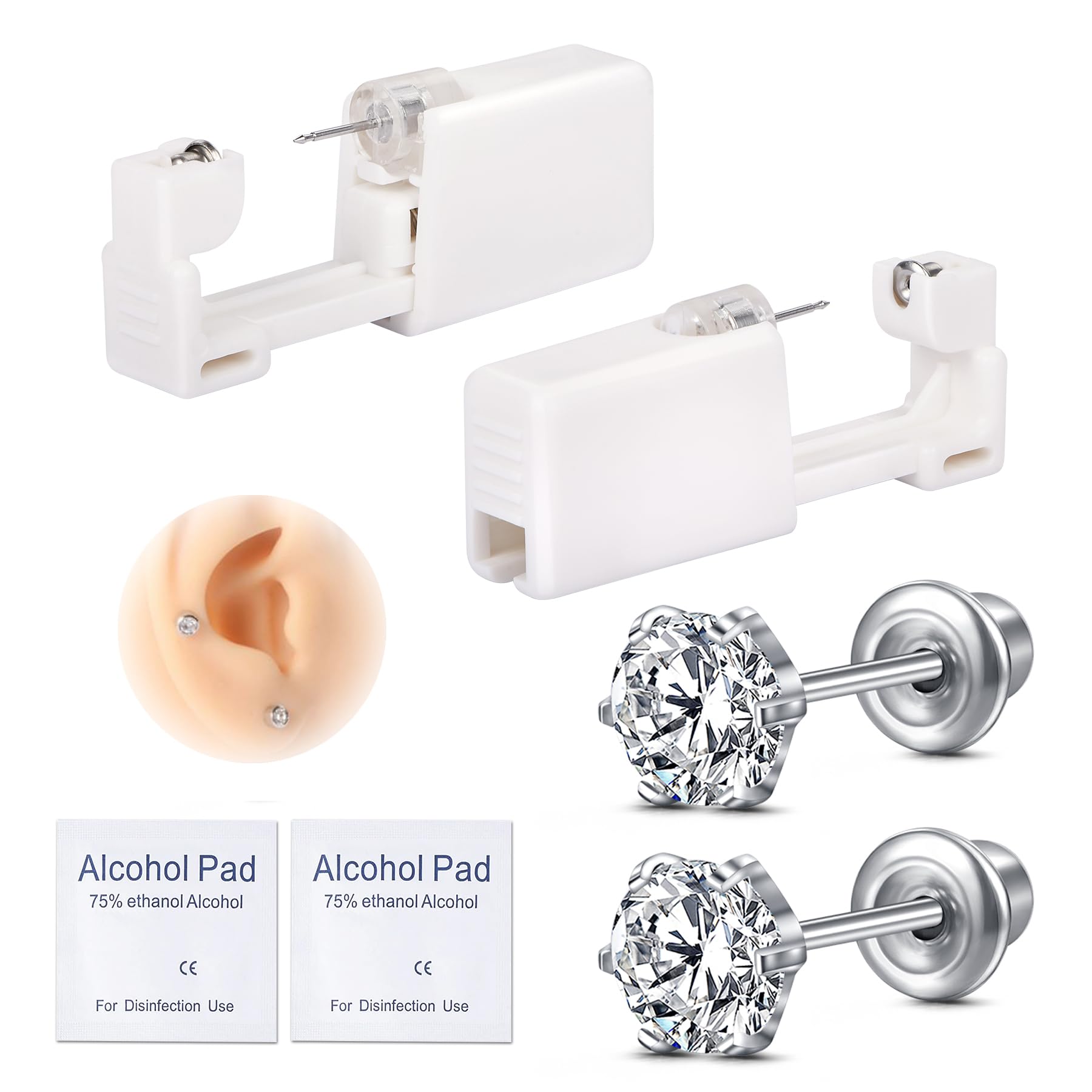 Ear Piercing Gun Kit, Self Disposable Ear Piercing Kit 316L Surgical Stainless Steel with Colored CZ Mixed Shapes, At Home Self Ear Piercer Kit Tool with 4mm CZ Stud