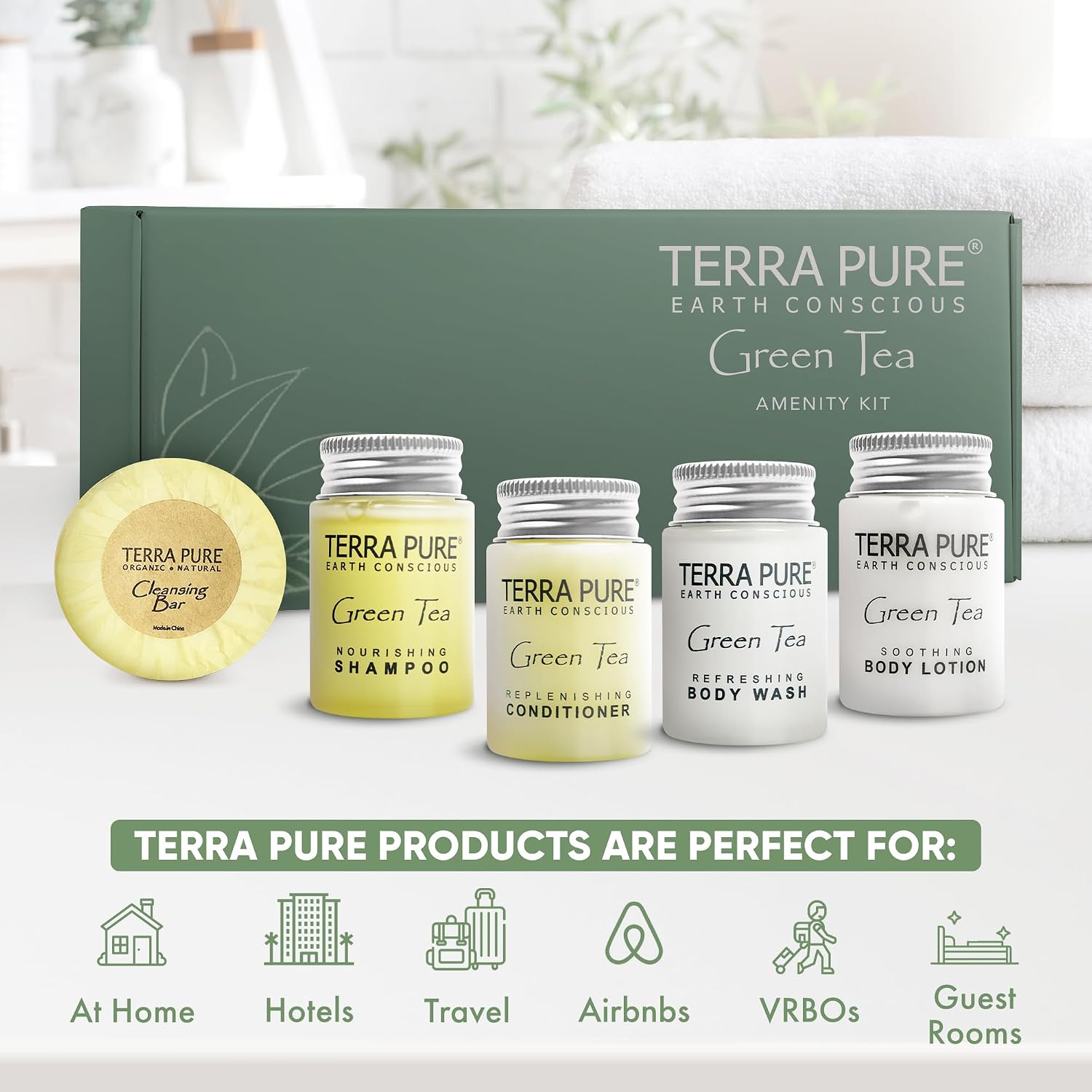 Terra Pure Green Tea Amenity Kit | Boxed Hotel Bulk Toiletries | 1 oz Shampoo, Conditioner, Lotion, Body Wash, Body Bar Soap for Guest Hospitality Vacation Rentals | 15 Sets/Case