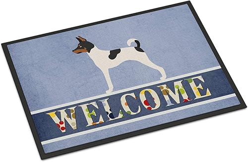 Caroline's Treasures BB8306MAT American Toy Fox Terrier - Tapete de bienvenida de 18 x 27 pulgadas, tapete azul para puerta delantera, interior y