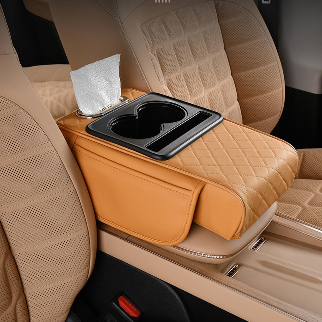 5-in-1 Car Arm Rest Cushion with Cup Holder Premium Cushion Organizer, Center Console Cover with 2 Cup Holders PU Leather Heightened Armrest Pad with Phone & Tissue Holder for CarInterior-picture-28